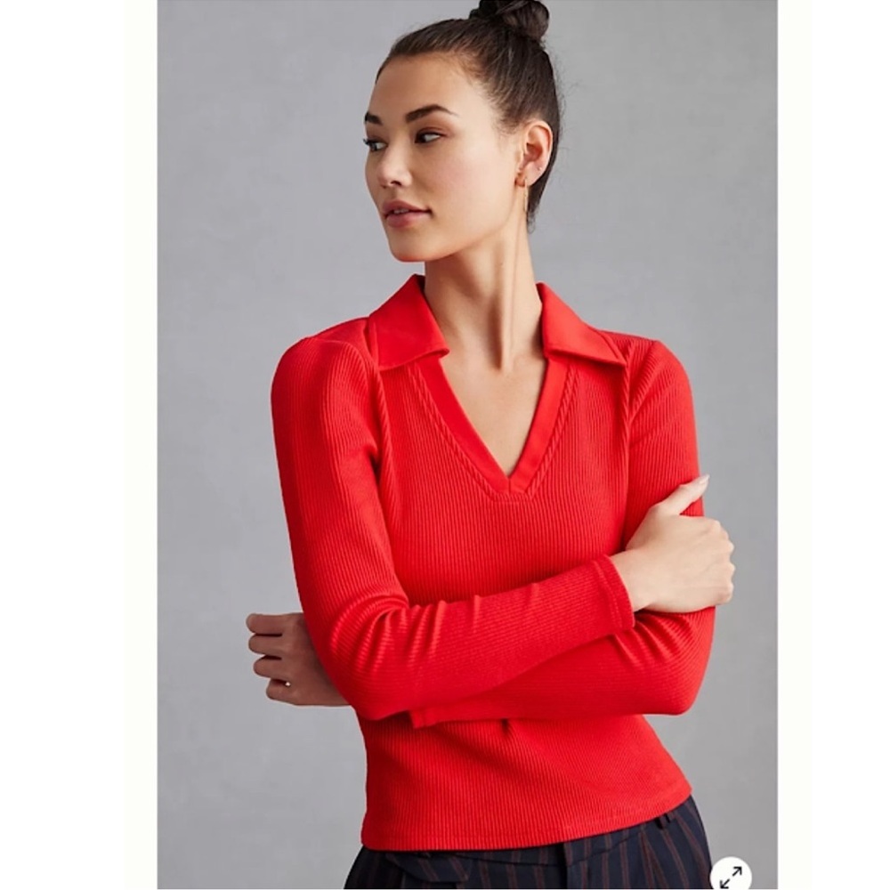 Collared V-Neck Ribbed Top